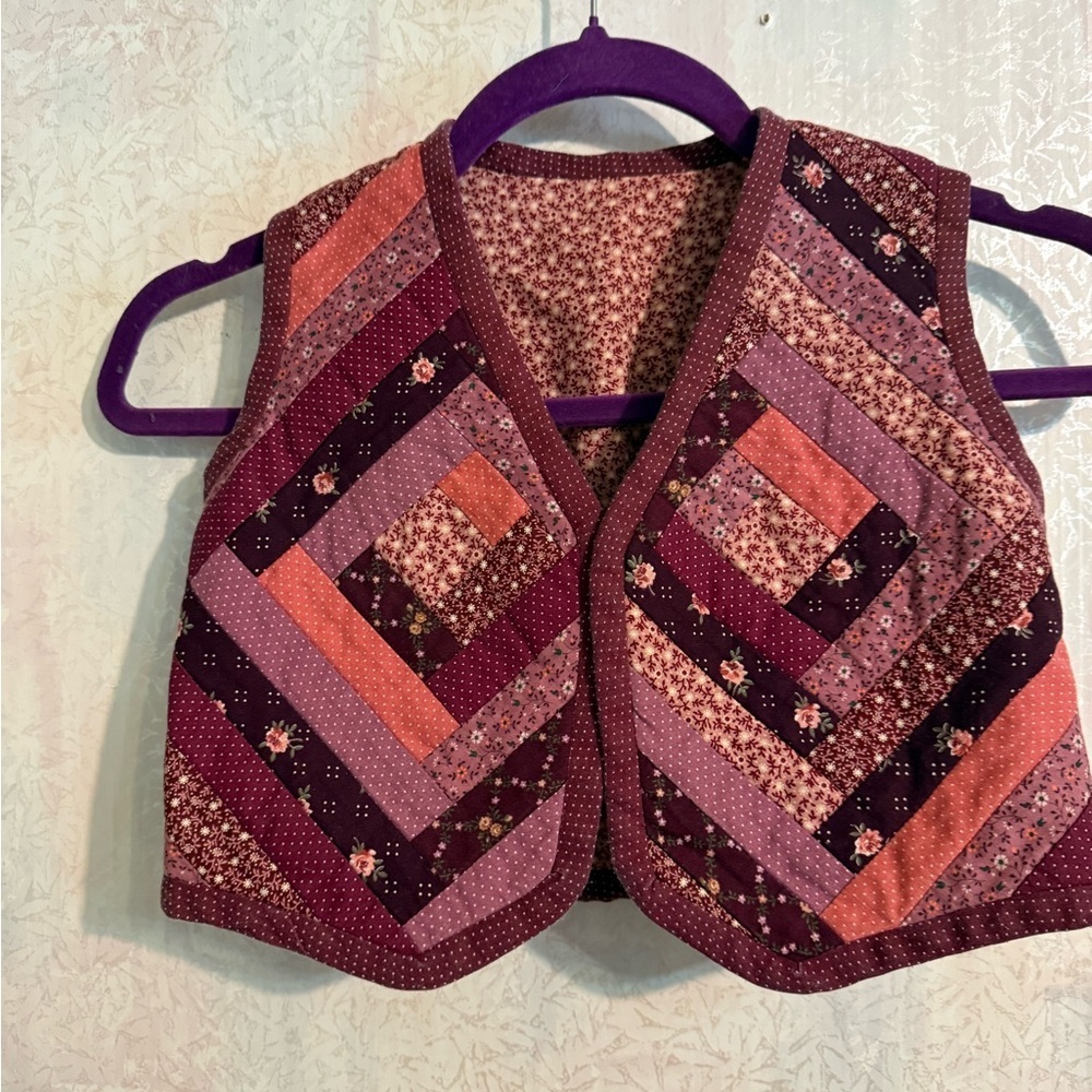 Vintage Quilted Patchwork Kids Reversible Vest in Plum and Coral, Perfectly Cute